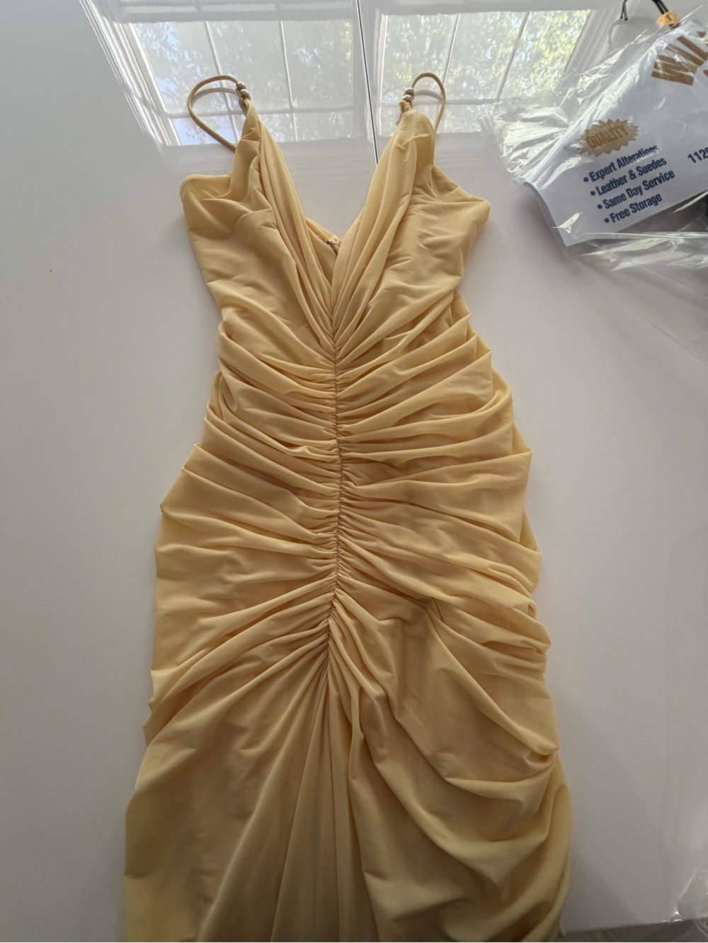 Ronny Kobo Yellow Ruched V-Neck Maxi Dress - Picture 7 of 11